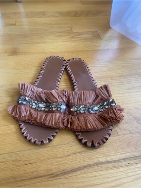 Raffia Fringe Crystal Slide Sandals - Women - Brown